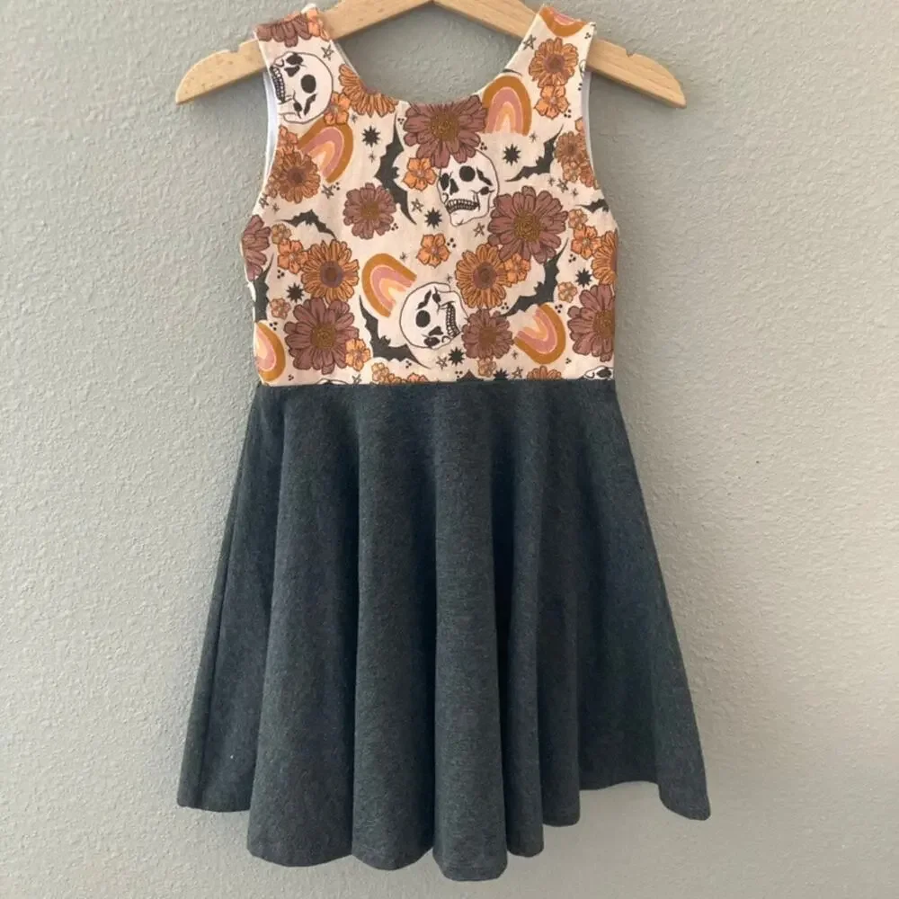 Malia + Kai Halloween Fall Floral Skulls Bats Sleeveless Twirl Dress - 3T